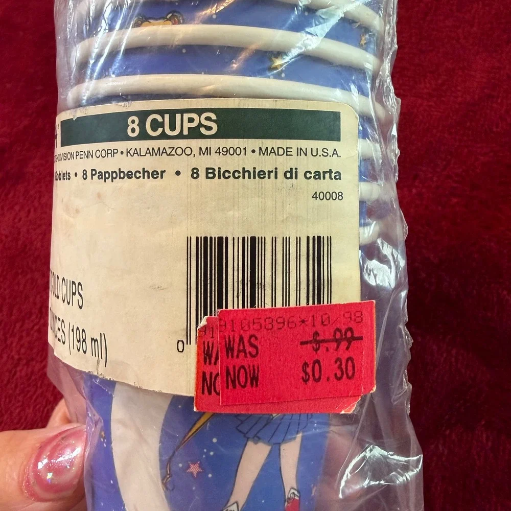 Vintage 1996 Sailor Moon 7oz Paper Cups 8pk Beach Products Anime Party Supplies